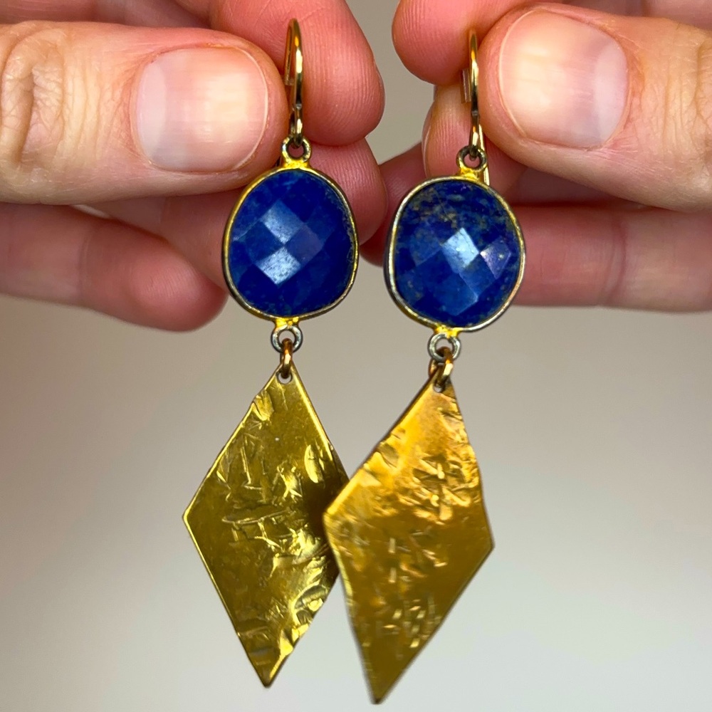 Blue Lapis and Brass Dangle Earrings